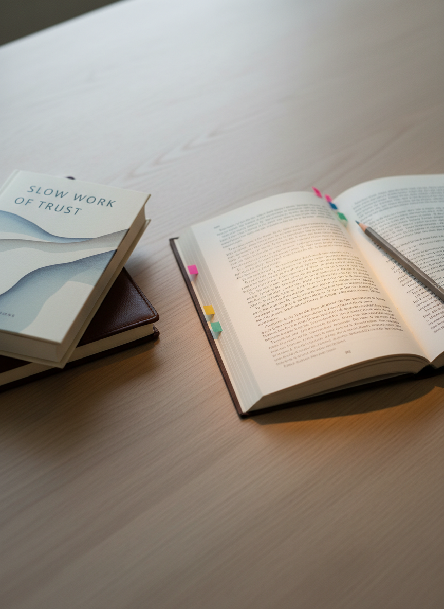 A close-up, overhead photograph of an open copy of “Slow Work of Trust” on a pale oak table, with a single page beautifully lit as though an important passage is being studied. Discreet sticky tabs and a slim graphite pencil rest along the margin, hinting at slow, deliberate engagement. To one side, a second copy of the book with an elegant, minimalist cover sits stacked on top of a leather-bound journal. Diffused overcast light from above creates soft, shadowless illumination, emphasizing paper texture and cover details. The mood is patient and studious, with a clean, modern aesthetic and balanced composition that keeps the open page as the quiet focal point while the background remains gently out of focus.