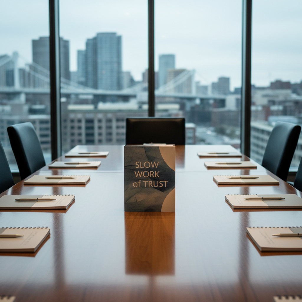A photographic, cinematic scene of a long, polished wooden conference table with the book “Slow Work of Trust” placed prominently at the center, surrounded by neatly spaced, closed notebooks and pens, suggesting a forthcoming seminar or class. The background shows a large glass wall with a softly defocused cityscape, symbolizing complex systems and relationships. Cool, diffused daylight streams through the glass, creating subtle reflections on the table’s surface and a rim of light along the book’s cover. Shot from a low, angled perspective running along the table’s length, the image creates depth and a sense of anticipation. The overall mood is sophisticated, calm, and purposeful, signaling structured learning about building trust.