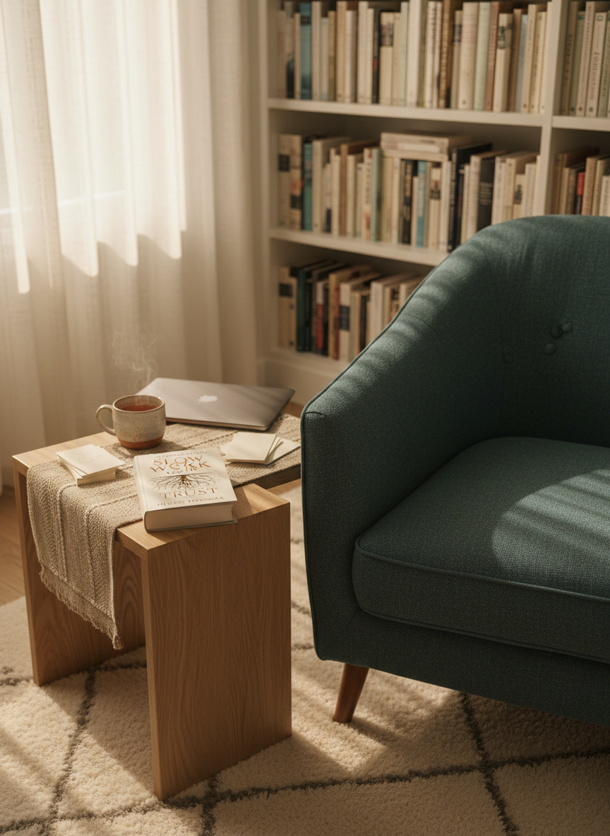 An inviting reading nook designed for deep reflection on trust, featuring a low wooden side table where the book “Slow Work of Trust” lies face up, its cover clearly visible. Around it are orderly index cards, a closed laptop, and a ceramic cup of tea, all atop a textured linen table runner. Large bookshelves in the softly blurred background hold neatly arranged volumes in muted tones. Golden hour sunlight filters through sheer curtains, bathing the space in warm, diffused light and casting elongated, gentle shadows. Captured from a slightly elevated, three-quarter angle in photographic realism, the composition follows the rule of thirds and conveys a sophisticated, contemplative atmosphere ideal for thoughtful readers and learners.